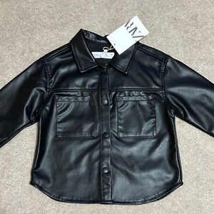 Zara Girls Black Faux Leather Button-Front Shirt Jacket